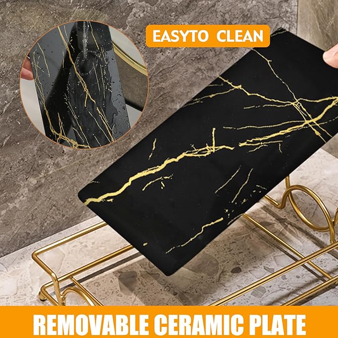 Vanity Tray Luxury Bathroom Counter Tray Glass Perfume Organizer Holder Cosmetics Makeup Skincare Display Decorative Vanity Trays for Bathroom Dresser Bedroom (Black Gold, L)