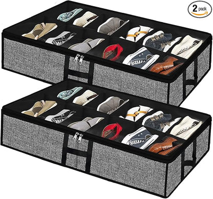 Under Bed Shoe Organizer Storage for Closet 2 Pack- Fits 24 Pairs Underbed Shoes Container Boxes with H Shap Sturdy Handles and Clear Window,Foldable Shoe Rack Holder,Black