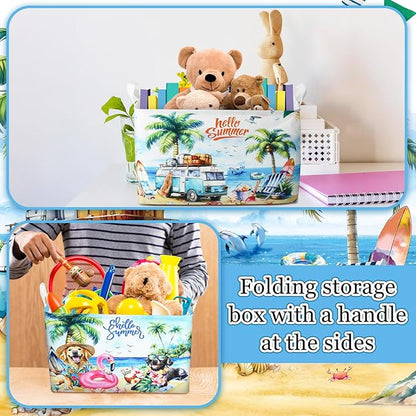 Geelin 3 Pcs Beach Baskets Summer Storage Basket for Gifts Collapsible Waterproof Canvas Cute Storage Bin Organizer with Handles for Book Closet Shelf Nursery Decor