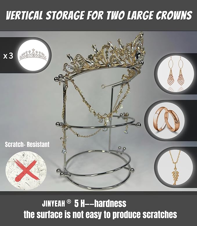 Crown Display 【Electroplating Metal Luster】 Crown Holder Tiara Display 3-Tier Sliver Bridal Crown Display Stand Crown Storage Organizer Jewelry Holder for Women Girls Wedding Home Shop Store
