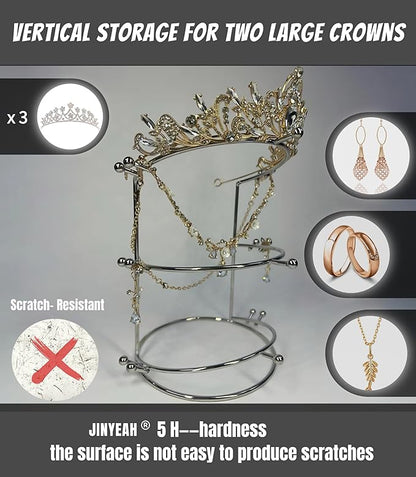 Crown Display 【Electroplating Metal Luster】 Crown Holder Tiara Display 3-Tier Sliver Bridal Crown Display Stand Crown Storage Organizer Jewelry Holder for Women Girls Wedding Home Shop Store