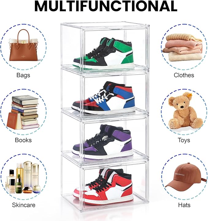 12 Pack Shoe Boxes, Acrylic Clear Shoe Boxes,360°Clear Plastic Stackable Shoe Display Box, Larger Shoe Storage Boxes, Shoe Containers, fit up to Us size 14 (Side Open)