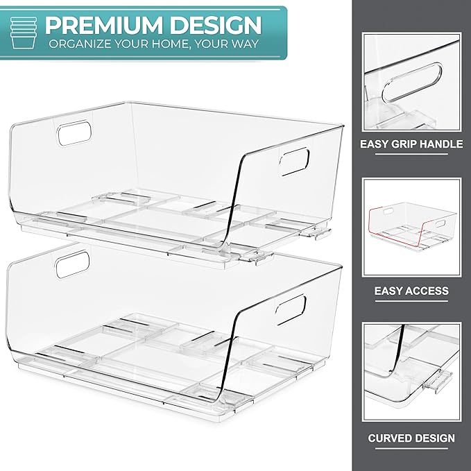 Sorbus Stackable Storage Bins Open Front, Clear Stackable Storage Bins, Pantry Bins for Storage and Organization, Acrylic Stackable Bins for Kitchen, Clear Pantry Organizer Bins (Large 6 Pack)