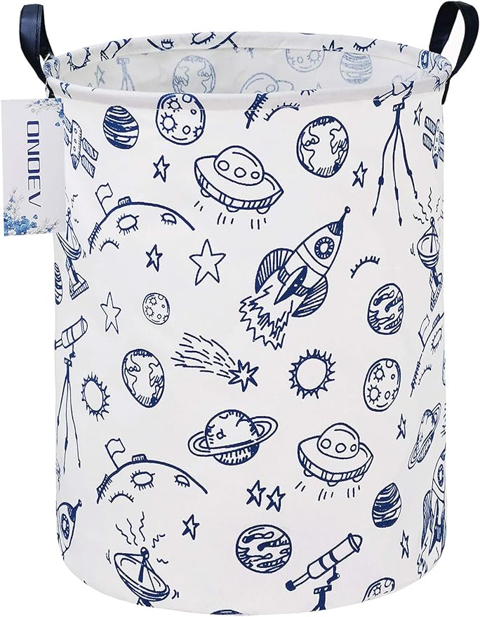 Round Space Rocket Laundry Basket, Collapsible Laundry Hamper for Boys, Cute Galaxy Solar System Storage Bin, Waterproof Toy Storage for Kids Room, Nursery, Playroom(Blue Planet)