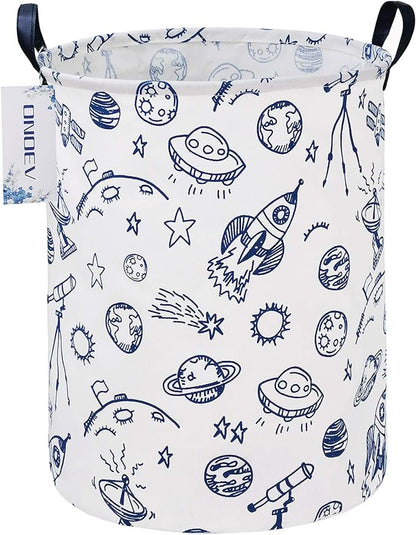 Round Space Rocket Laundry Basket, Collapsible Laundry Hamper for Boys, Cute Galaxy Solar System Storage Bin, Waterproof Toy Storage for Kids Room, Nursery, Playroom(Blue Planet)