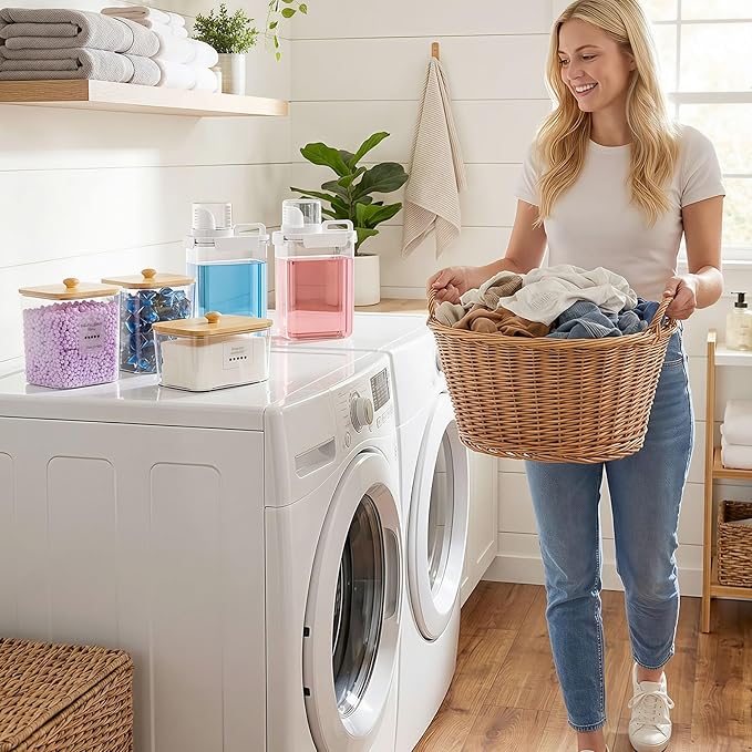 Homde Clear Laundry Detergent Dispenser: 3+2 Pack Reusable Pods Container with Lids for Dryer Balls - Plastic Sheets Holder Set for Scent Booster