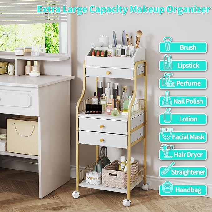 HapiRm Floor Makeup Organizer Storage - Vanity Skincare Make Up Organizers and Storage with Drawers, Cosmetics Display Cases Holder for Skin Care Nail Polish Perfume Makeup Brush, Gold