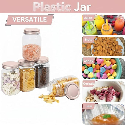 novelinks 16 oz Clear Plastic Jars with Lids, Refillable 16oz Mason Jars with Lids & Storage Containers for Kitchen & Household Use (15 Pack,Rose Gold)