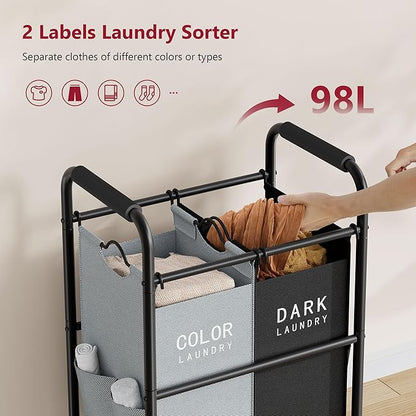 Tajsoon 2 Bag Laundry Sorter Cart, Laundry Hamper Sorter Basket with Heavy Duty Lockable Rolling Wheels for Clothes Storage, Black & Grey