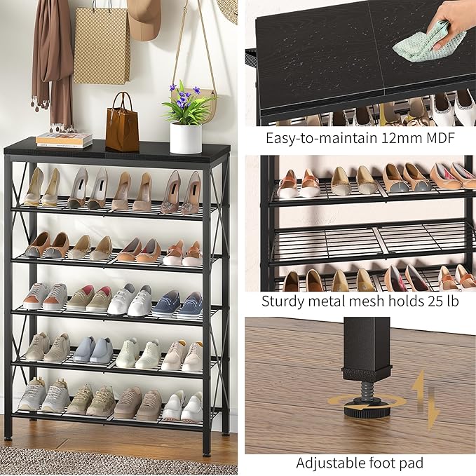 6-Tier Shoe Rack, Metal Shoe Stand with Wooden Top & 4 X Frames, Holds up to 24 Pairs, Sturdy Shoe Shelf for Entryway Closet Garage, Black