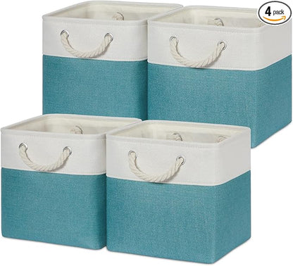 Temary Cubes Storage Baskets 11 Inch Cube Storage Bins 4 Pack Fabric Baskets for Gift Empty Teal Storage Bins for Shelves, Collapsible Fabric Storage Cubes Basket for Storage (White&Teal)