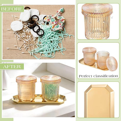 2 Pcs Crystal Glass Candy Jars Set with Lids and Stainless Steel Vanity Tray, Q tip Holder, Apothecary Jars, Glass Bathroom Accessories Organizer, Esthetic Modern Bathroom Decor(Amber)