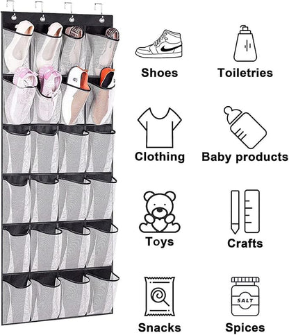 Over the Door Shoe Organizer, 24 Pockets Hanging Shoe Rack Mesh Fabric Visible Shoe Holder Back of Door Hanging Storage Closet Shoe Holder Hanger for Entryway Bedroom Bathroom 3 Pack