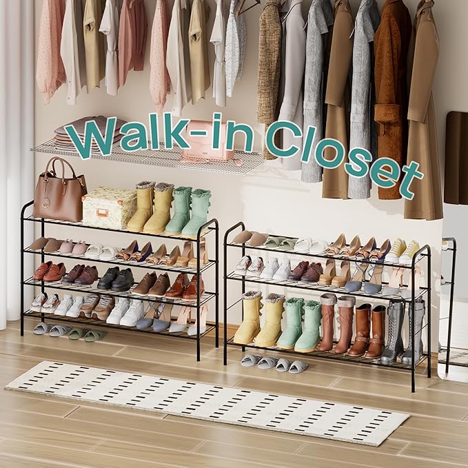 viewcare Long Shoe Rack for Closet, 4-Tier Extra Long Shoe Rack for Entryway & Garage, Black Shoe Organizer Holds 20-23 Pairs, Sturdy Metal Construction