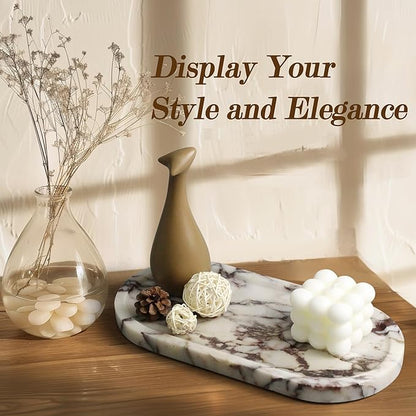YMXYJM Real Natural Marble Tray for Bathroom, Luxury Calacatta Viola Stone Vanity Tray, Decorative Oval Trays for Countertop Storage Organizer, Dresser, Kitchen, Home Decor, 11.8" x 6", Purple
