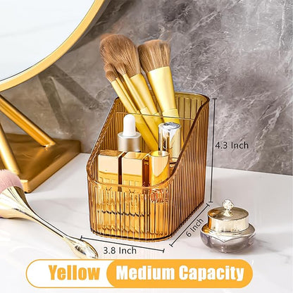 Makeup Organizer Cosmetics Storage Box, Large Capacity Make Up Brush Holder Organizer Vanity Accessories, Bathroom Countertops, Desk Storage Container, Cosmetic Display cases(Yellow-S)