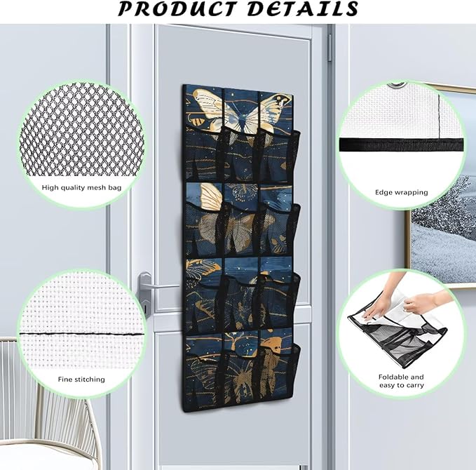 Butterfly Night Over The Door Shoe Organizers with 12 Pockets,Quick Dry Mesh Organizer Hanging for Pantry Bathroom Closet,Mesh Pocket Over the Door Shoe Organizer for RV,Pantry