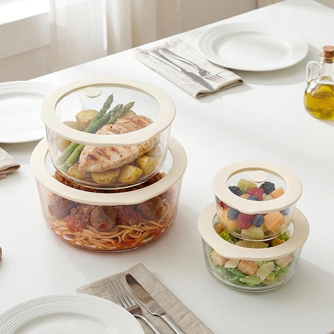 Urban Green Glass Food Container Set with Glass Lid, 4 Pack, Meal Prep Containers with Silicone Framed Airtight Lid, Leakproof, 100% Plastic Free,