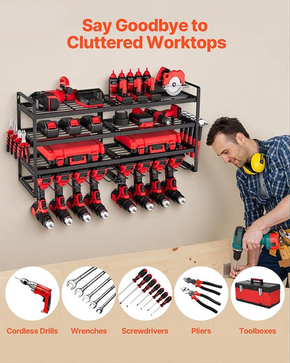 VEVOR Power Tool Organizer Wall Mount, 4-Layer Storage Rack with 8 Drill Holders, Tools Holder and Storage Rack with Screwdriver Holder, Garage Tool Organizer for Garage, Workbench, and Workshop