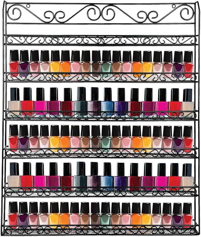 PANA 6 Tier Wall Mounted Metal Rack Shelf, Versatile Organizer for Nail Polish, Essential Oils, Kitchen Spices, and Craft Hobby Items, Sturdy Storage with Decorative Design (Black, 1pc)