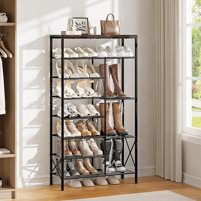 8-Tier Shoe Rack, Shoe Storage Organizer with Boots Storage, Large Capacity Shoe Shelf Holds 20-23 Pairs of Shoes, Durable and Stable, for Entryway, Closet, Hallway, Dorm Room, Rustic Brown