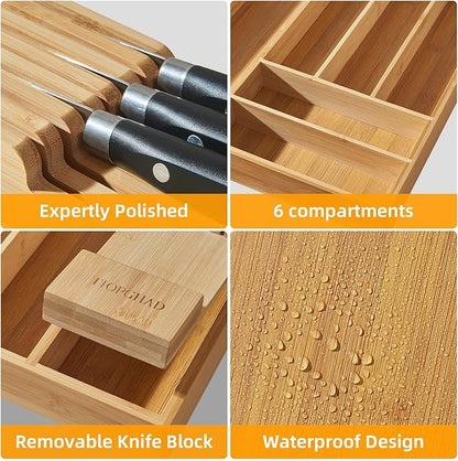 TIOPGHAD Small-Bamboo-Silverware-Drawer-Organizer, Expandable Utensil Kitchen Cutlery Tray Flatware Organization Adjustable Wood Tableware Dividers Storage (with Removable Knife Block)(Natural)