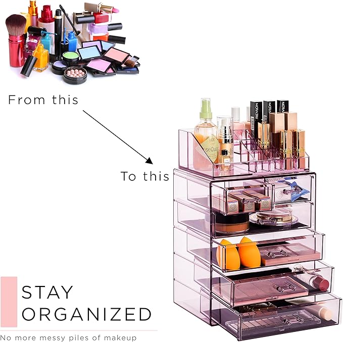 Sorbus Acrylic Makeup Organizer Set, 6-Drawer Vanity & Countertop Cosmetic Storage with Small & Wide Compartments, Purple Makeup Storage for Brushes, Jewelry – Holiday Gift for Women & Teens