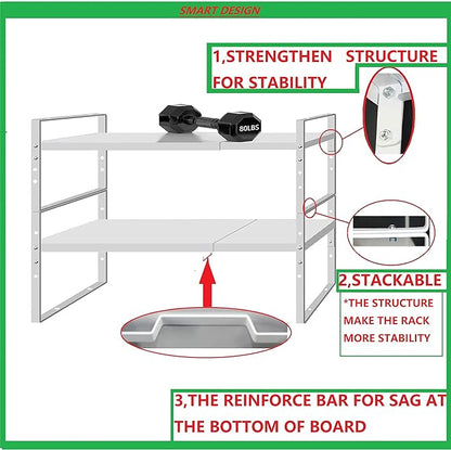 Jojocross Expandable Stackable Spice Rack Cabinet Shelf Organizer in Cabinets Shelves Kitchen Cupboard Organization Stack up Racks Pantry Countertop Storage Medium/White 2 Packs