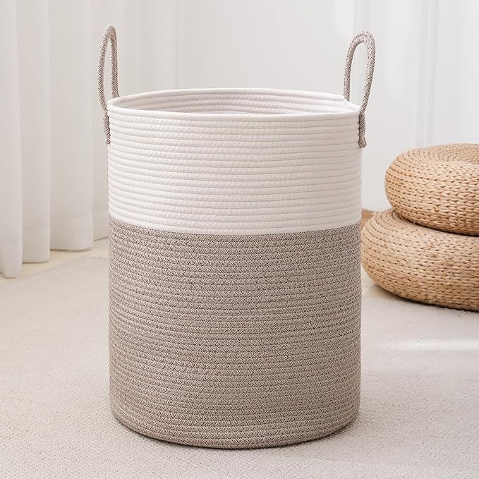 Laundry Basket Hamper Tall Rope Storage Woven for Blanket toys Dirty Clothes in Living Room Bathroom Bedroom (White&Brown, 80L/21.3Gal)