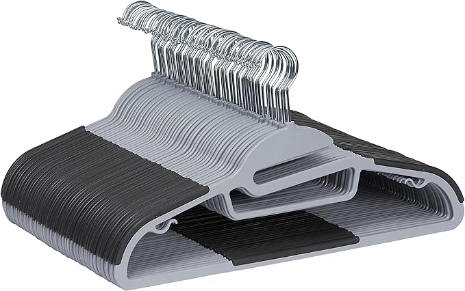 Amazon Basics Space Saving Non-Slip Rubber Coated Plastic Hangers with 360° Swivel Hook, Thin, Gray, Pack of 50