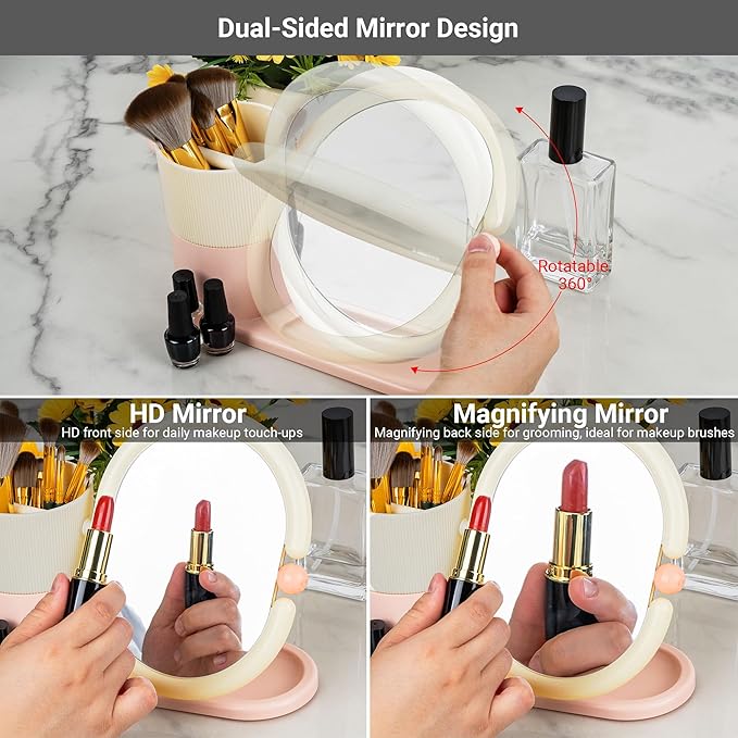 Desk Organizer with Magnifying HD Rotating Glass Mirror 360° Adjustable Dual-Purpose Makeup Brush Holder Pen Caddy, Pink & White ABS Storage for Office & Vanity Accessories+Free Lens Cloth