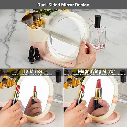 Desk Organizer with Magnifying HD Rotating Glass Mirror 360° Adjustable Dual-Purpose Makeup Brush Holder Pen Caddy, Pink & White ABS Storage for Office & Vanity Accessories+Free Lens Cloth