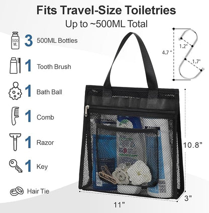 F-color Mesh Shower Caddy Portable Hanging - 3 Pockets Small Shower Bag Tote with Zipper Closure for Camping, Gym Lockers, Travel, Toiletry, Quick Dry Bathroom Essentials with S Hook, Black