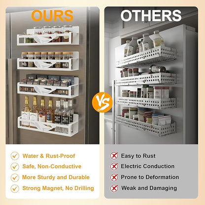 Magnetic Spice Rack for Refrigerator, 4-Pack Metal Seasoning Organizer for Kitchen Storage Organization, Space Saving Magnetic Shelf for Fridge, Pantry, Laundry Room, White