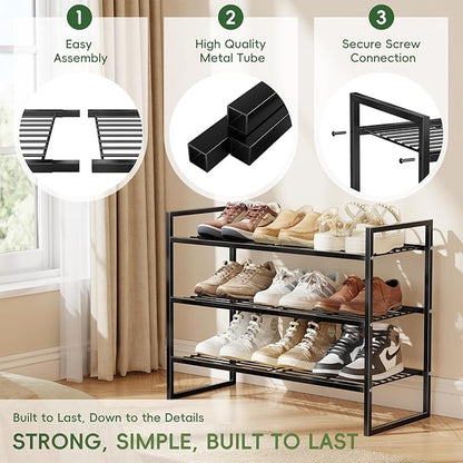3 Tier Shoe Rack 27" Wide, Metal Frame Shoe Organizer for Front Door Entrance, Stackable Shoes Storage Shelf for Entryway, Closet, Black