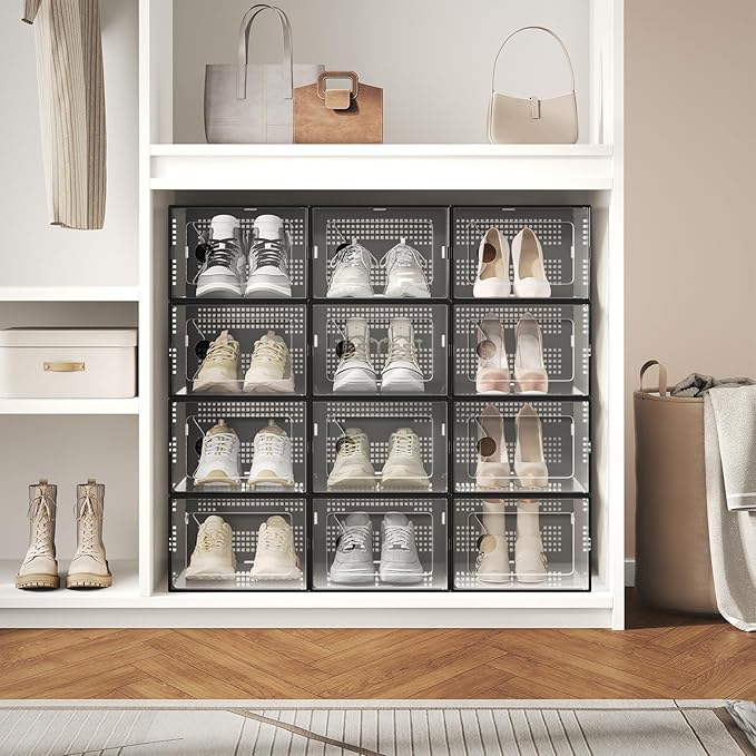 DUMOS Shoe Storage Boxes, 15 Pack Stackable Clear Shoe Containers with Lids, Display Sneaker Case Organizer for Closet, Under Bed, Entryway,Black, Fit Size 11