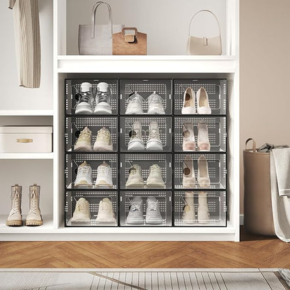 DUMOS Shoe Storage Boxes, 15 Pack Stackable Clear Shoe Containers with Lids, Display Sneaker Case Organizer for Closet, Under Bed, Entryway,Black, Fit Size 11