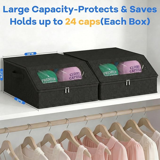 2 Pack Hat Storage for Baseball Caps, Holds up to 48 Caps, Stackable Hat Organizer for Closet, Dustproof Hat Box with Clear Window, Hollow Board Support & 2 Handles, Flip-Top Access (Black)