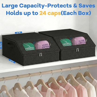 2 Pack Hat Storage for Baseball Caps, Holds up to 48 Caps, Stackable Hat Organizer for Closet, Dustproof Hat Box with Clear Window, Hollow Board Support & 2 Handles, Flip-Top Access (Black)