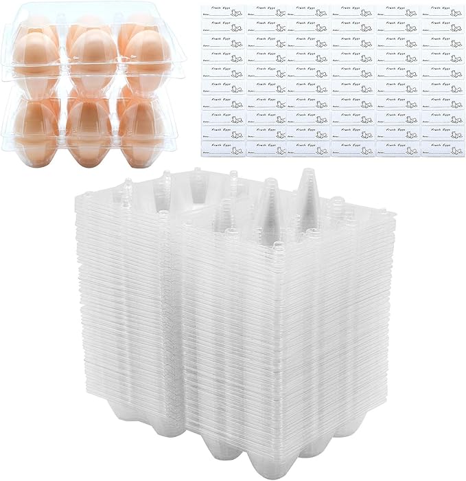 Egg Cartons 60 Packs, Clear Eco-friendly Plastic Blank Egg Cartons with Free Labels, Holds up to 6 Eggs Securely, Perfect for Family Pasture Farm Markets Display - Medium