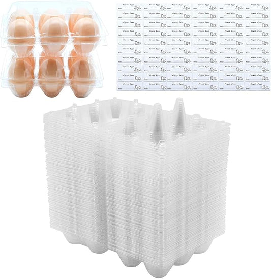 Egg Cartons 60 Packs, Clear Eco-friendly Plastic Blank Egg Cartons with Free Labels, Holds up to 6 Eggs Securely, Perfect for Family Pasture Farm Markets Display - Medium