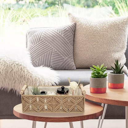 Macrame Storage Basket Boho Decor Baskets for Organizing Woven Decorative Basket for Countertop Toilet Paper Basket for Toilet Tank Top Shelf Basket with Handle for Bathroom Decor Nursery (Set of 2)