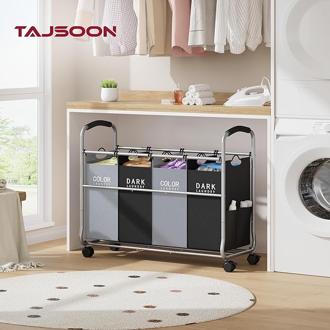 Tajsoon Laundry Sorter 4 Sections, Laundry Separator Hamper with Heavy Duty Lockable Rolling Wheels, Laundry Divider with Removable Bags for Dirty Clothes Storage, Black & Grey