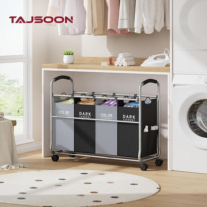 Tajsoon Laundry Sorter 4 Sections, Laundry Separator Hamper with Heavy Duty Lockable Rolling Wheels, Laundry Divider with Removable Bags for Dirty Clothes Storage, Black & Grey