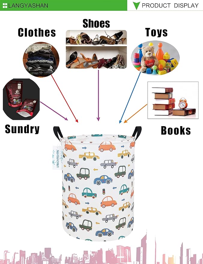 Laundry Basket Canvas Fabric Collapsible Organizer Basket for Storage Bin Toy Bins Gift Baskets Bedroom Clothes Children Nursery Hamper (Round Color Cars)