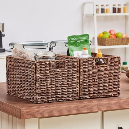 Vagusicc Wicker Storage Basket, Set of 2 Hand-Woven Paper Rope Wicker Basket, Small Storage Baskets for Organizing Toilet Paper Basket, Foldable Large Cube Storage Organizer Bins for Shelves (Brown)