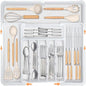 Homecor Silverware Organizer for Kitchen Drawer, Expandable Utensil Drawer Organizer with 2 Knife Block, Flatware and Cutlery Holder, Adjustable Plastic Storage for Spoons Forks Knives