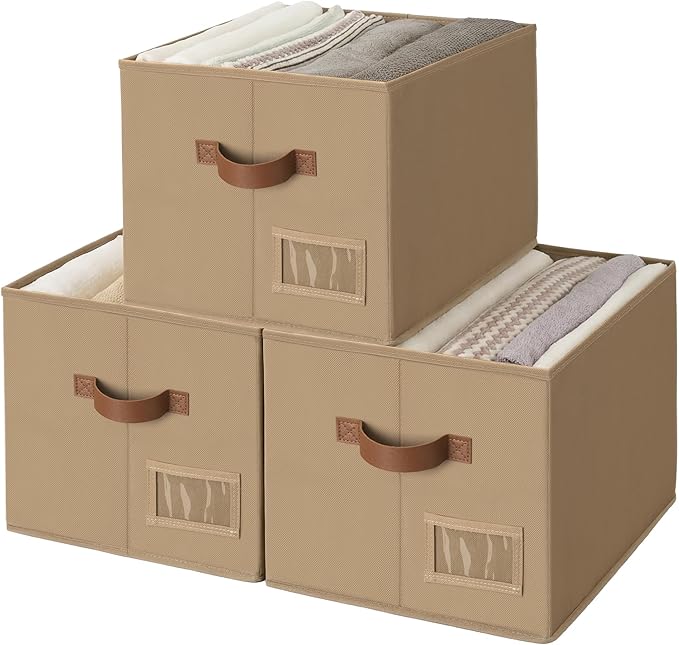 GRANNY SAYS Fabric Storage Bins with Handles, Collapsible Storage Baskets for Shelves, Closet Organizers and Storage Bins, Storage Boxes for Clothes, Brown, Large, 3-Pack