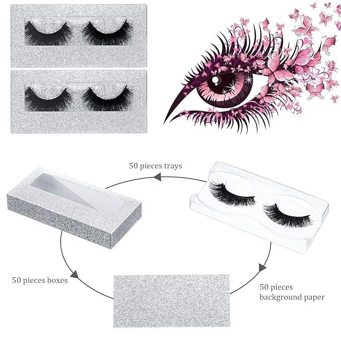 Maitys 50 Sets Empty Lash Case Set, Include Empty Eyelash Box Packaging Storage Box, Eyelash Boxes Tray False Storage, Internal Background Paper(Silver)