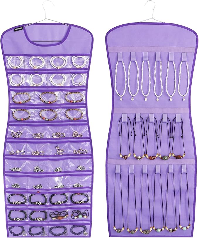 Dual sided Jewelry Hanging Organizer Closet Necklace Holder for Earrings Bracelets Rings with 42 Clear Pockets and 17 Hook Loops (Purple